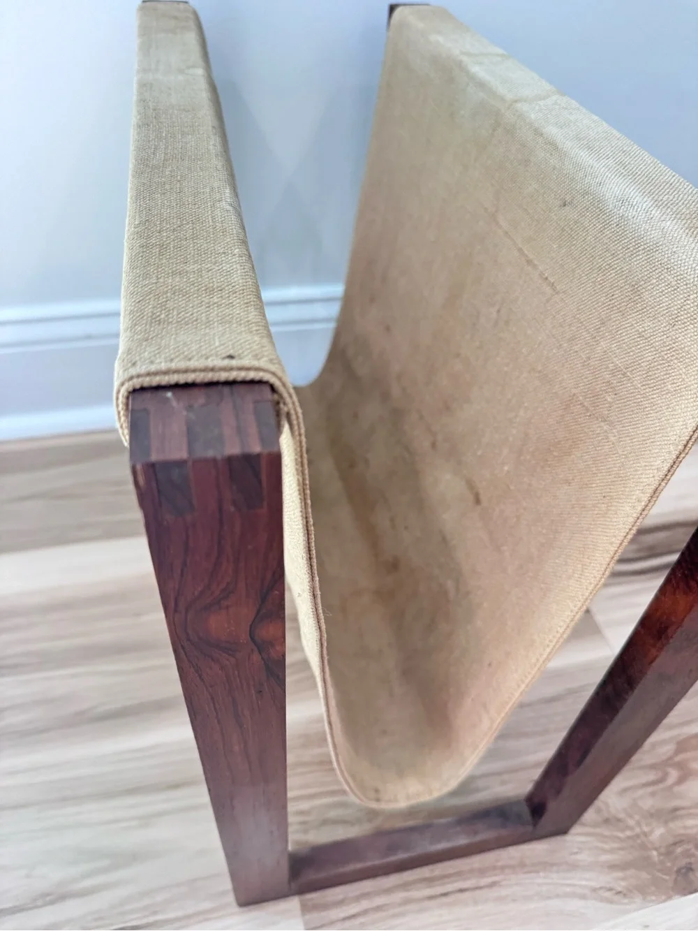 Vintage Mid Century Wooden Magazine Rack Canvas Sling Holder MCM 1960s Decor